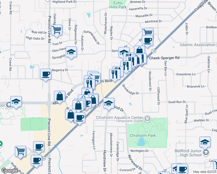 map of restaurants, bars, coffee shops, grocery stores, and more near 500 Grapevine Highway in Hurst