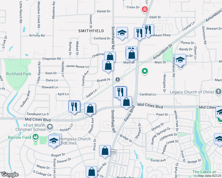 map of restaurants, bars, coffee shops, grocery stores, and more near 6415 Smithfield Road in North Richland Hills