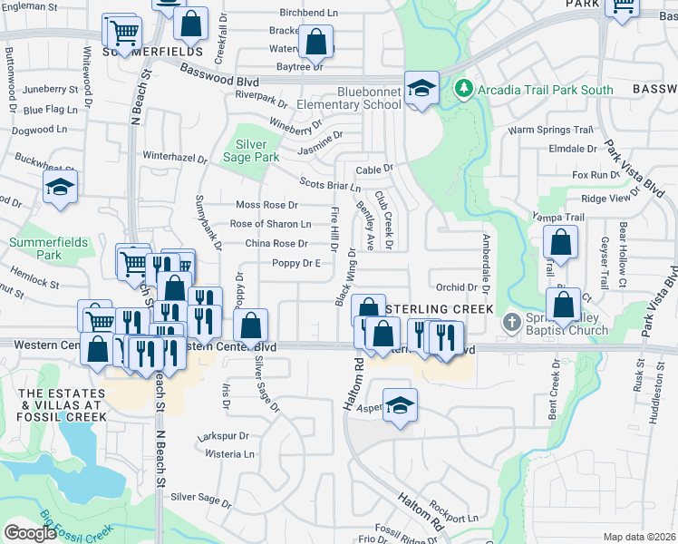 map of restaurants, bars, coffee shops, grocery stores, and more near 6821 Black Wing Drive in Fort Worth