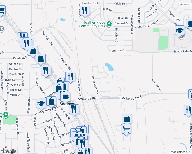 map of restaurants, bars, coffee shops, grocery stores, and more near 156 Spring Drive in Saginaw