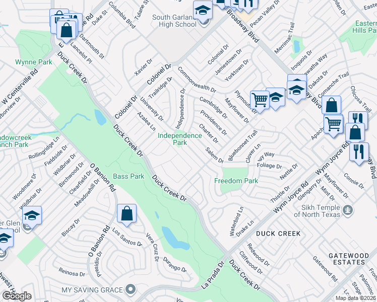 map of restaurants, bars, coffee shops, grocery stores, and more near 4282 Duck Creek Drive in Garland