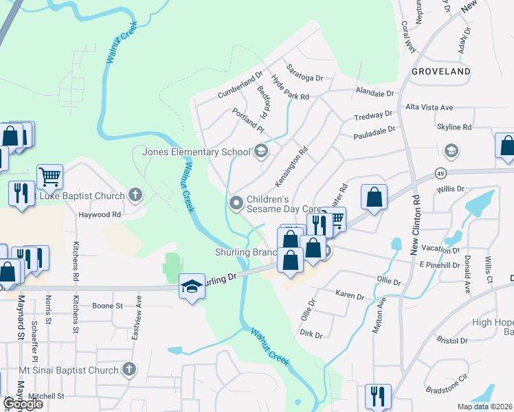 map of restaurants, bars, coffee shops, grocery stores, and more near 2309 Kensington Road in Macon