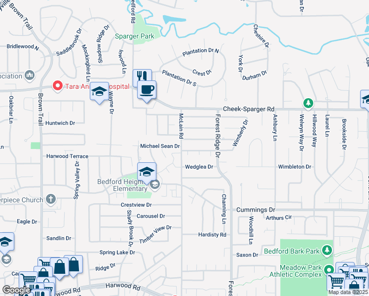 map of restaurants, bars, coffee shops, grocery stores, and more near 1201 Medford Drive in Bedford