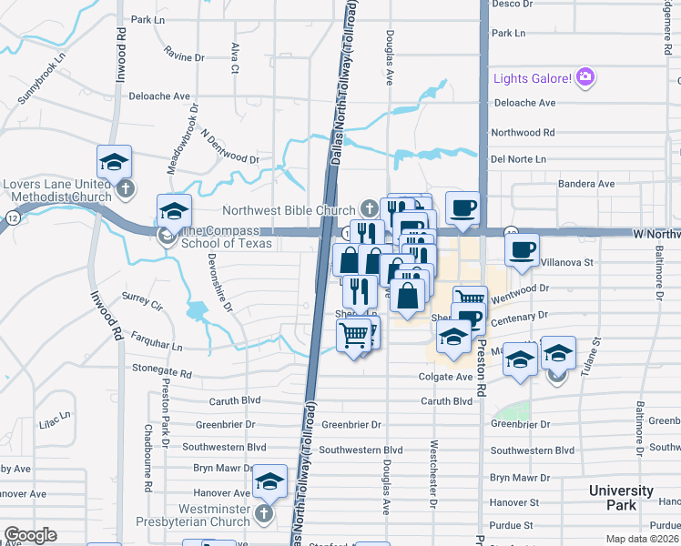 map of restaurants, bars, coffee shops, grocery stores, and more near 5909 Luther Lane in Dallas