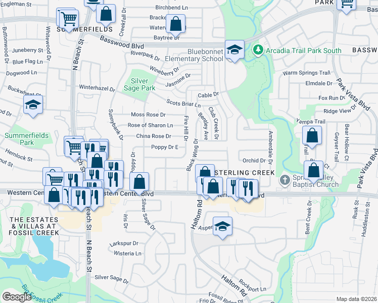 map of restaurants, bars, coffee shops, grocery stores, and more near 6821 Black Wing Drive in Fort Worth