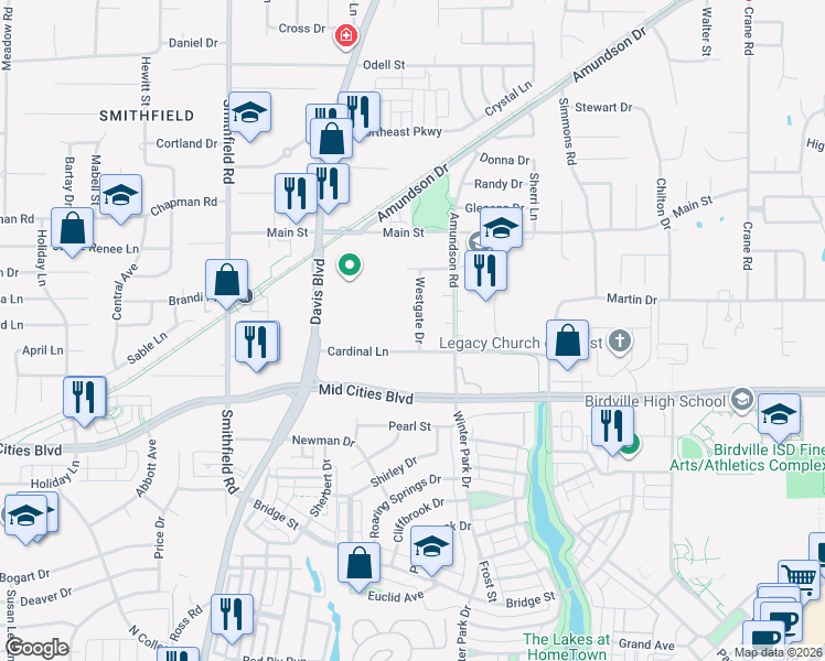 map of restaurants, bars, coffee shops, grocery stores, and more near 6400 Westgate Drive in North Richland Hills