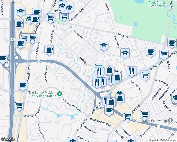 map of restaurants, bars, coffee shops, grocery stores, and more near 6105X Summer Creek Circle in Dallas