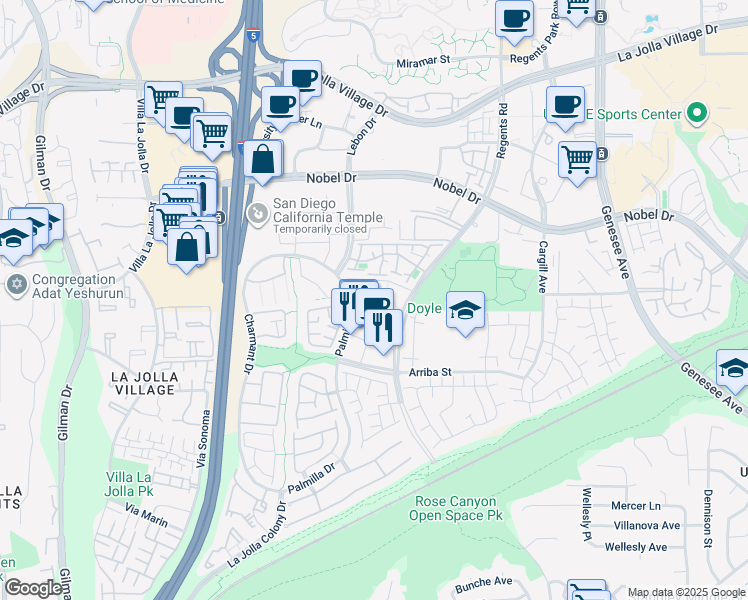 map of restaurants, bars, coffee shops, grocery stores, and more near 7681 Palmilla Drive in San Diego