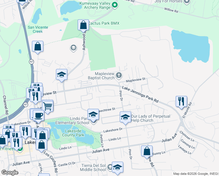 map of restaurants, bars, coffee shops, grocery stores, and more near 13132 Pam Lane in Lakeside