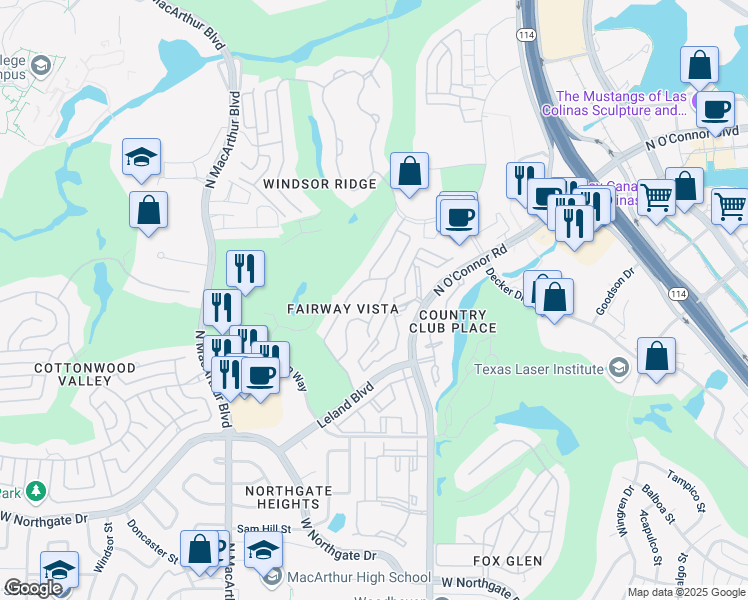 map of restaurants, bars, coffee shops, grocery stores, and more near 4316 Castle Rock Court in Irving