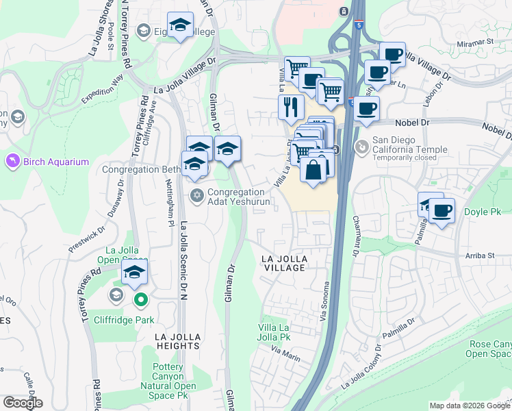 map of restaurants, bars, coffee shops, grocery stores, and more near 8545 Villa La Jolla Drive in San Diego
