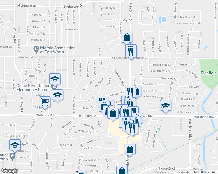 map of restaurants, bars, coffee shops, grocery stores, and more near 6420 Route 66 in Watauga
