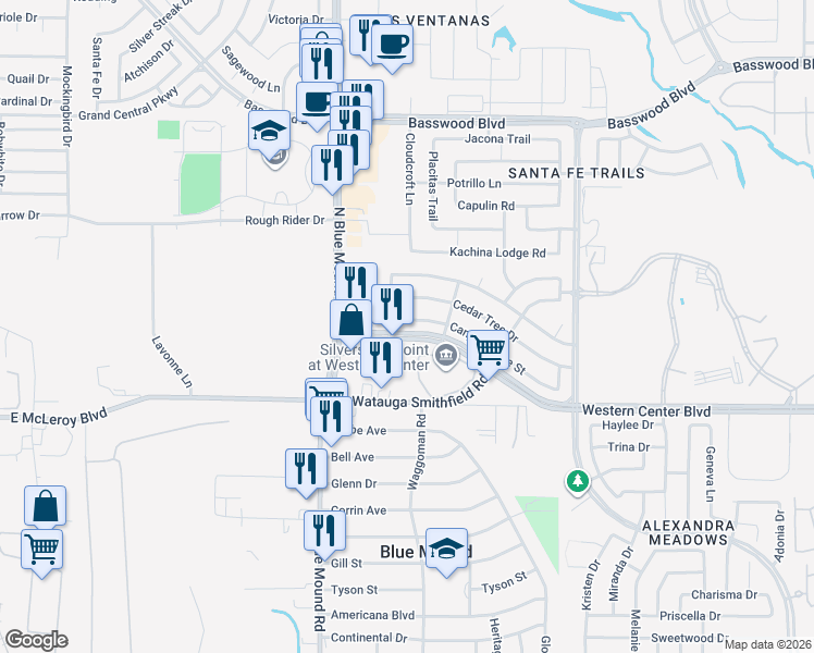 map of restaurants, bars, coffee shops, grocery stores, and more near 1716 Western Center Boulevard in Fort Worth