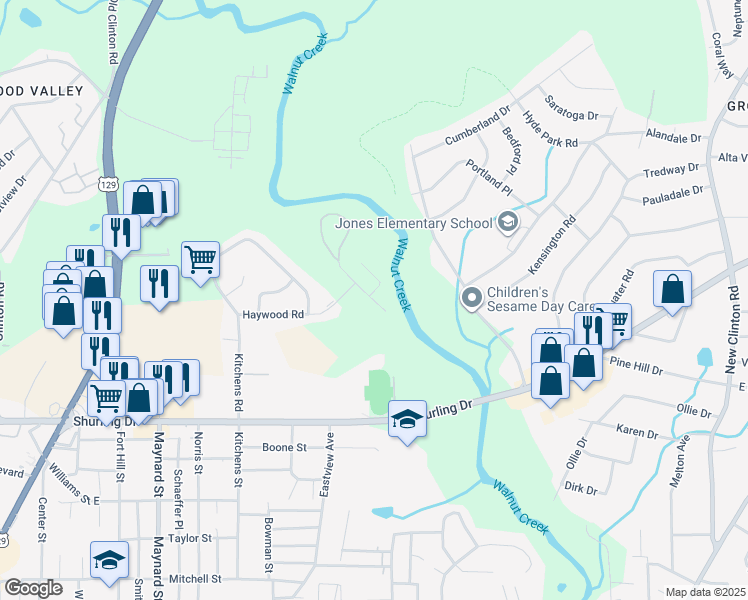 map of restaurants, bars, coffee shops, grocery stores, and more near 2172 Meriwood Drive in Macon