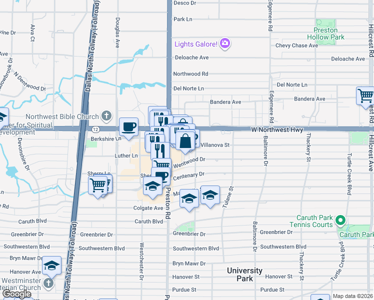 map of restaurants, bars, coffee shops, grocery stores, and more near 8320 Preston Center Plaza in Dallas