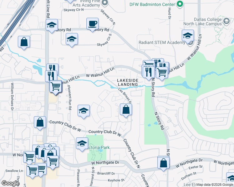 map of restaurants, bars, coffee shops, grocery stores, and more near 4312 Caleta Drive in Irving