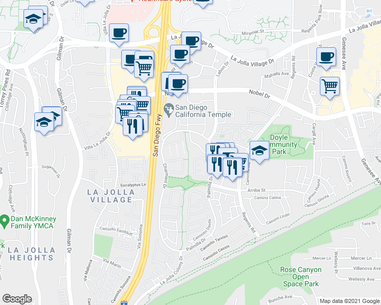map of restaurants, bars, coffee shops, grocery stores, and more near 7642 Palmilla Drive in San Diego