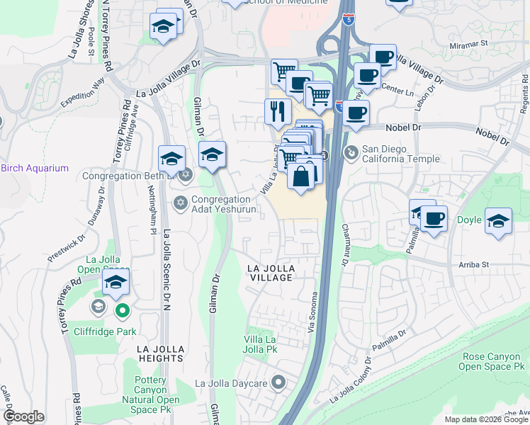 map of restaurants, bars, coffee shops, grocery stores, and more near 8650 Via Mallorca in San Diego