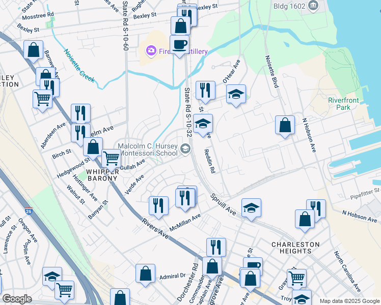 map of restaurants, bars, coffee shops, grocery stores, and more near 3795 Spruill Avenue in North Charleston