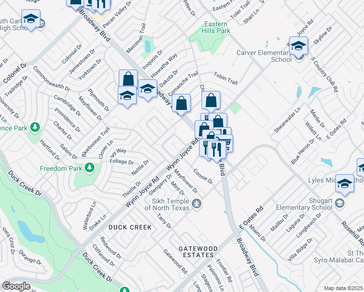 map of restaurants, bars, coffee shops, grocery stores, and more near 3933 Wyre Drive in Garland