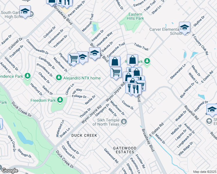map of restaurants, bars, coffee shops, grocery stores, and more near 3933 Wyre Drive in Garland