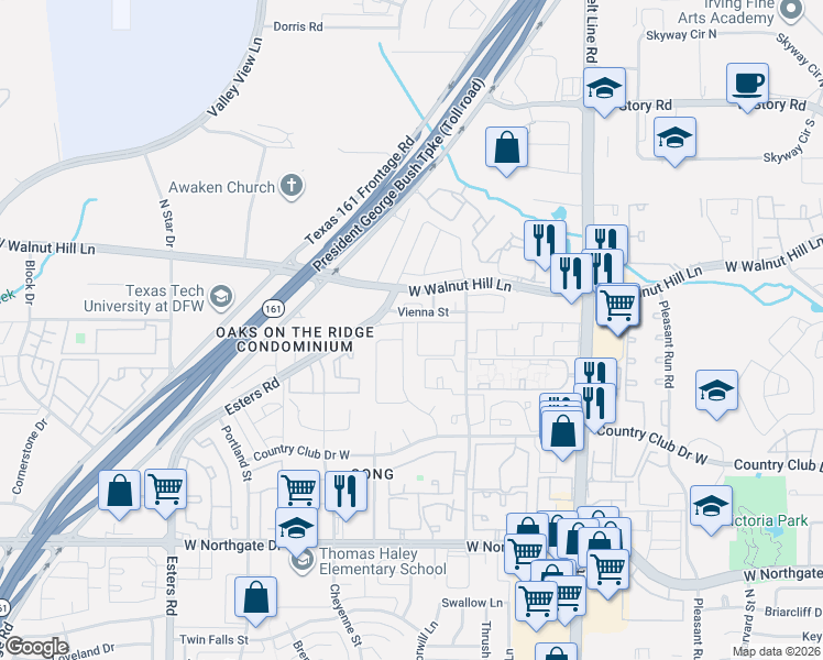 map of restaurants, bars, coffee shops, grocery stores, and more near 4009 Flintridge Drive in Irving
