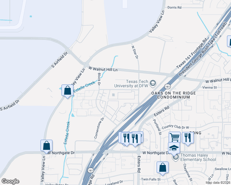 map of restaurants, bars, coffee shops, grocery stores, and more near 4145 Polaris Drive in Irving