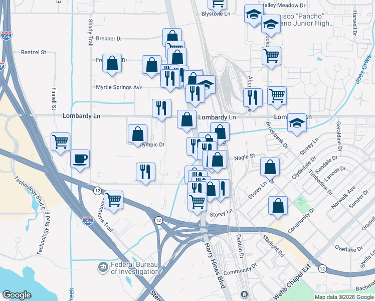 map of restaurants, bars, coffee shops, grocery stores, and more near 10301 Harry Hines Boulevard in Dallas