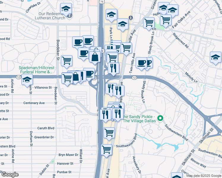 map of restaurants, bars, coffee shops, grocery stores, and more near 8350 North Central Expressway in Dallas