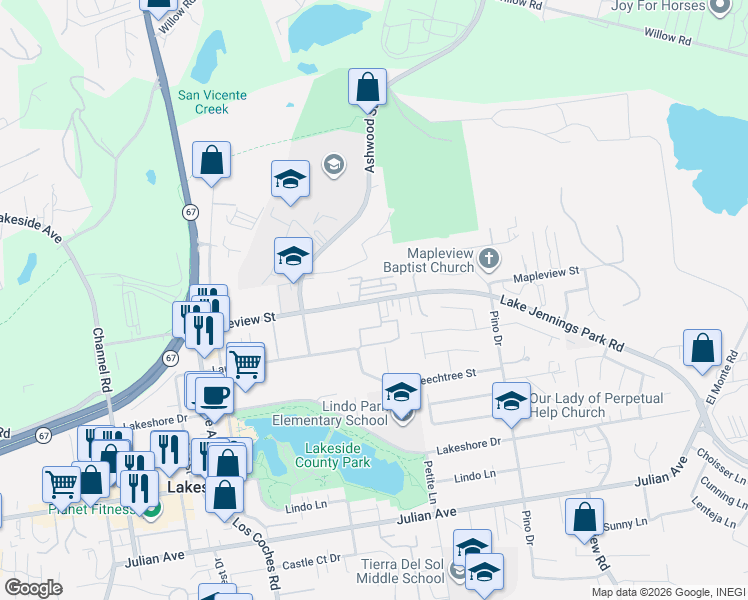 map of restaurants, bars, coffee shops, grocery stores, and more near 12905 Mapleview Street in Lakeside