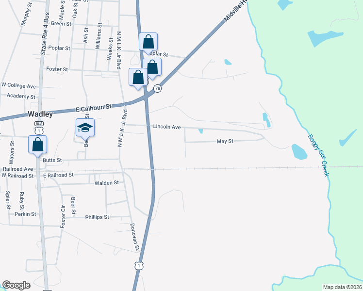 map of restaurants, bars, coffee shops, grocery stores, and more near 208 Morris Street in Wadley