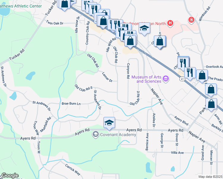 map of restaurants, bars, coffee shops, grocery stores, and more near 649 Old Club Road in Macon