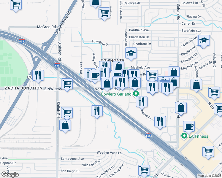 map of restaurants, bars, coffee shops, grocery stores, and more near 3543 East Northwest Highway in Garland