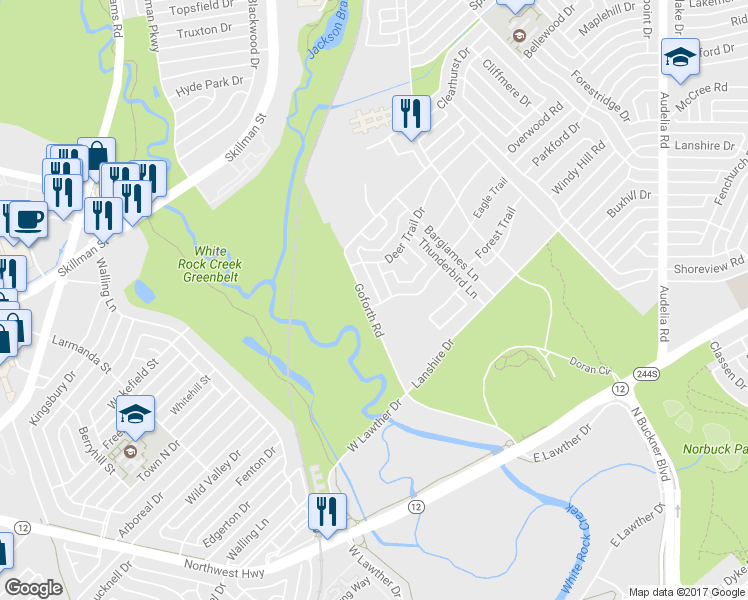map of restaurants, bars, coffee shops, grocery stores, and more near 7604 Goforth Road in Dallas