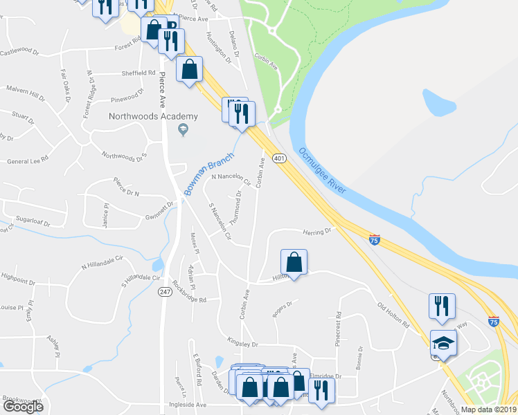 map of restaurants, bars, coffee shops, grocery stores, and more near 767 Corbin Avenue in Macon