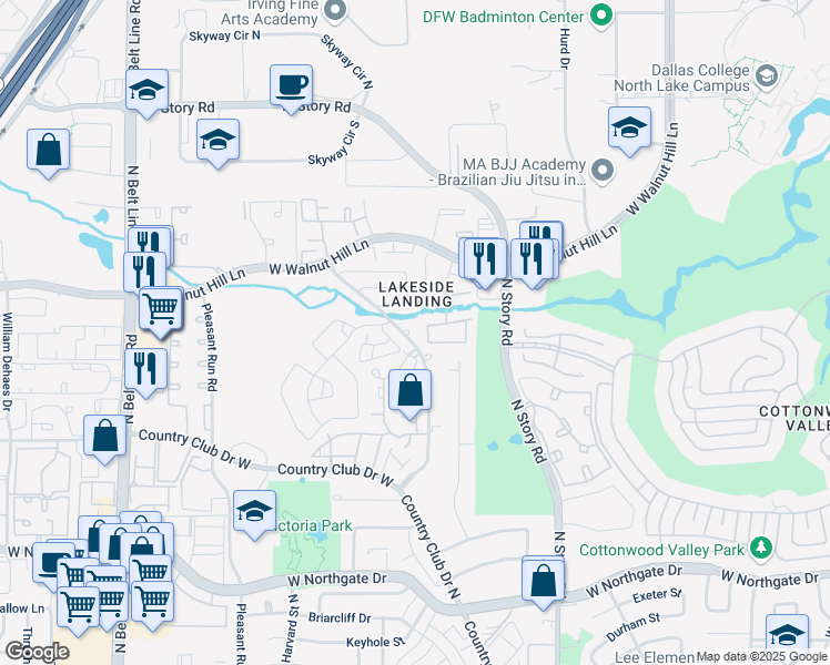 map of restaurants, bars, coffee shops, grocery stores, and more near 4404 Honfleur Court in Irving