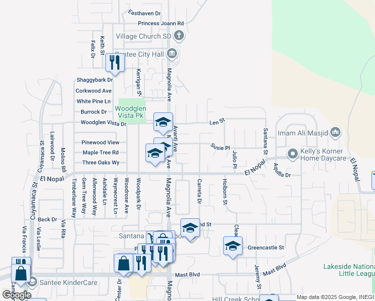 map of restaurants, bars, coffee shops, grocery stores, and more near 10442 Ken Lane in Santee
