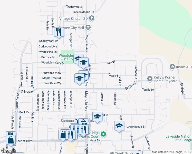 map of restaurants, bars, coffee shops, grocery stores, and more near 10442 Ken Lane in Santee