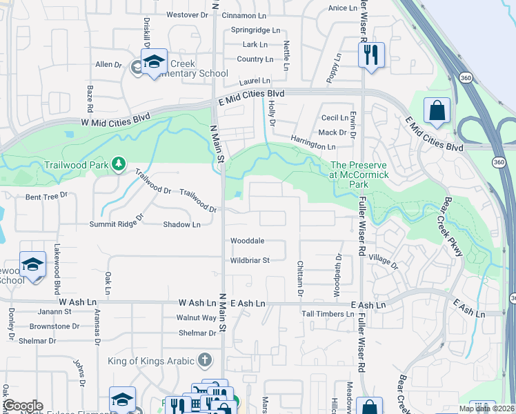 map of restaurants, bars, coffee shops, grocery stores, and more near 300 Park Haven Boulevard in Euless