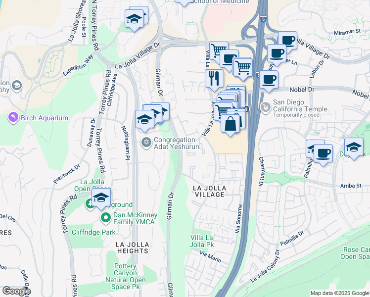 map of restaurants, bars, coffee shops, grocery stores, and more near 8503 Villa La Jolla Drive in San Diego