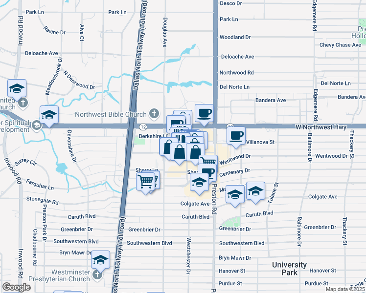 map of restaurants, bars, coffee shops, grocery stores, and more near 8315 Westchester Drive in Dallas