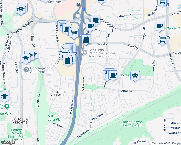 map of restaurants, bars, coffee shops, grocery stores, and more near 7405 Charmant Drive in San Diego