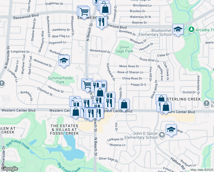 map of restaurants, bars, coffee shops, grocery stores, and more near 4551 Sugar Bush Court in Fort Worth