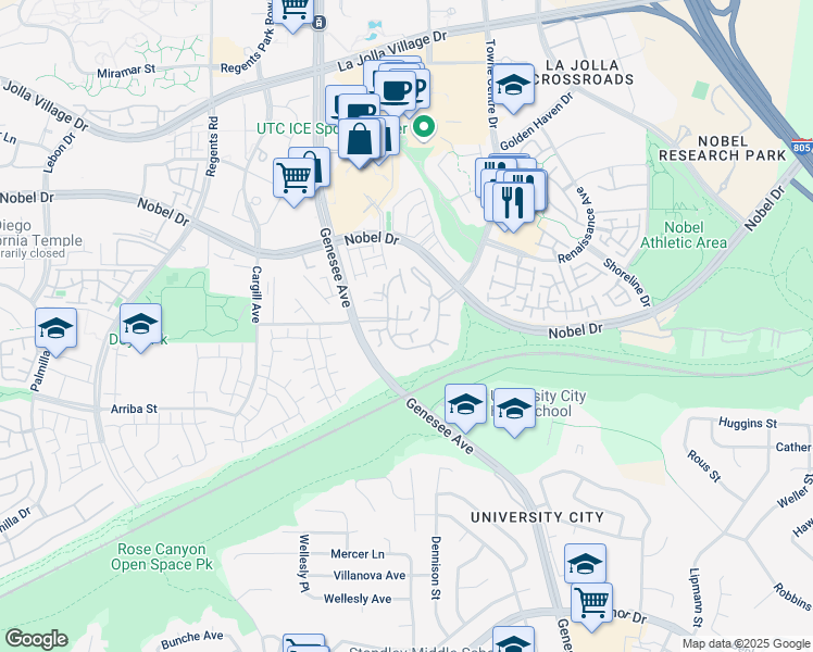 map of restaurants, bars, coffee shops, grocery stores, and more near 4423 Caminito Sana in San Diego