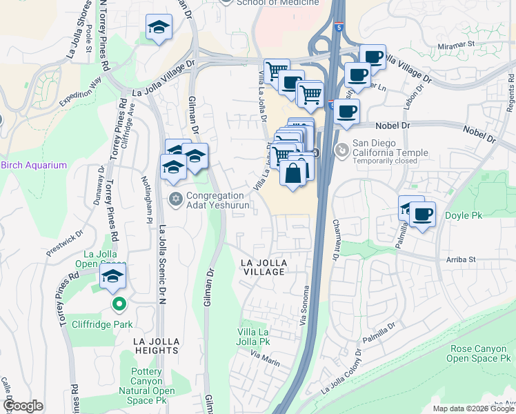 map of restaurants, bars, coffee shops, grocery stores, and more near 8650 Via Mallorca in San Diego