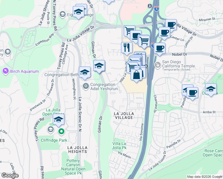 map of restaurants, bars, coffee shops, grocery stores, and more near 8525 Villa La Jolla Drive in San Diego