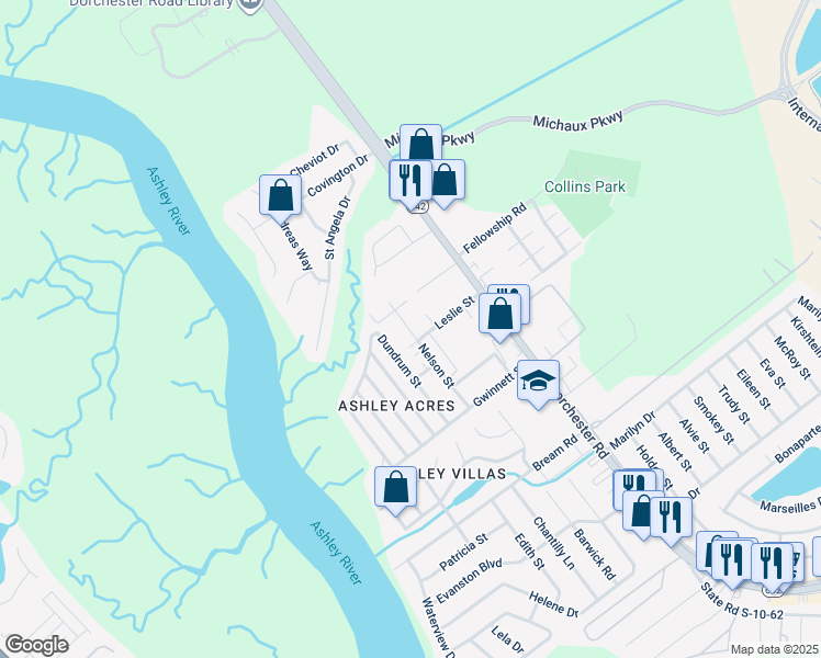 map of restaurants, bars, coffee shops, grocery stores, and more near 5691 Nelson Street in North Charleston