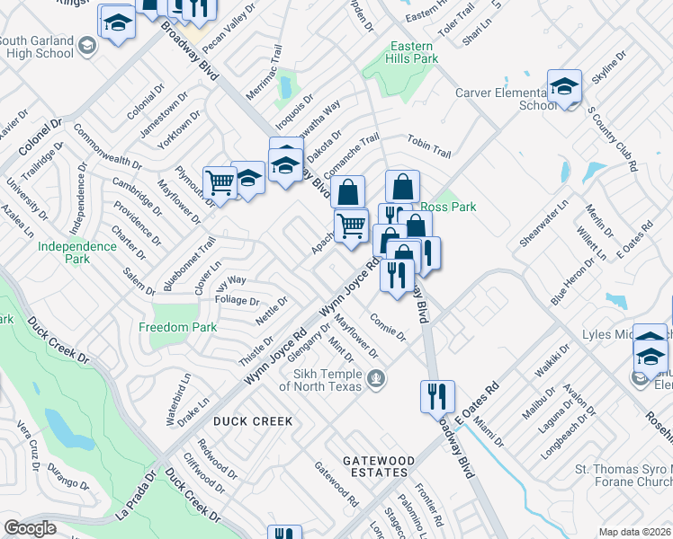 map of restaurants, bars, coffee shops, grocery stores, and more near 3933 Wyre Drive in Garland