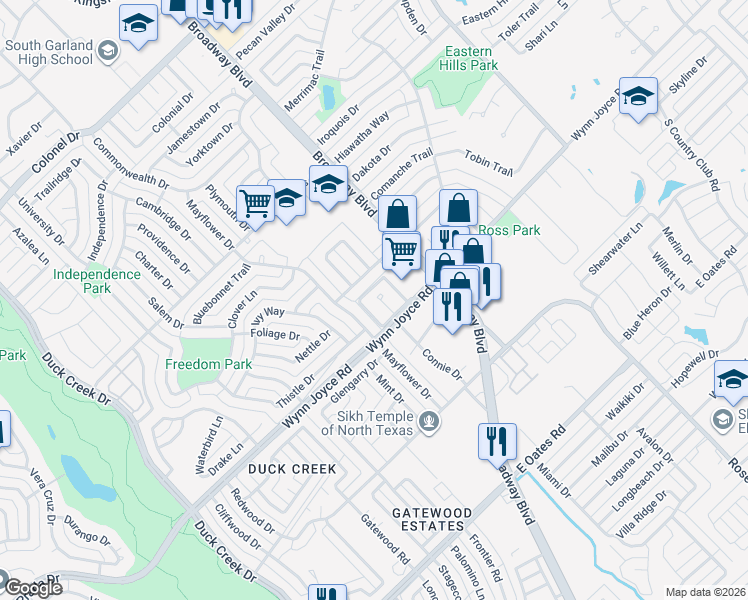 map of restaurants, bars, coffee shops, grocery stores, and more near 3933 Wyre Drive in Garland