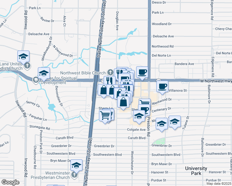 map of restaurants, bars, coffee shops, grocery stores, and more near 8226 Douglas Avenue in Dallas